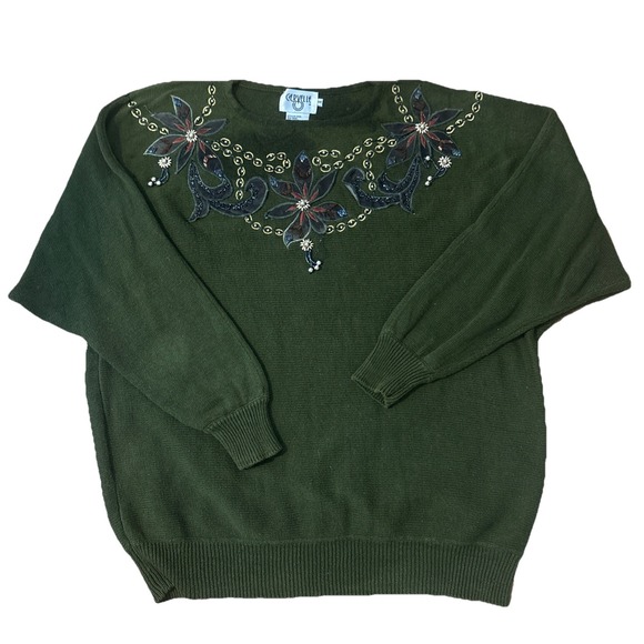 CERVELLE Sweaters - Cervelle Womens Green Fall  Sweater Size 3X Leaf & Floral Embellished
